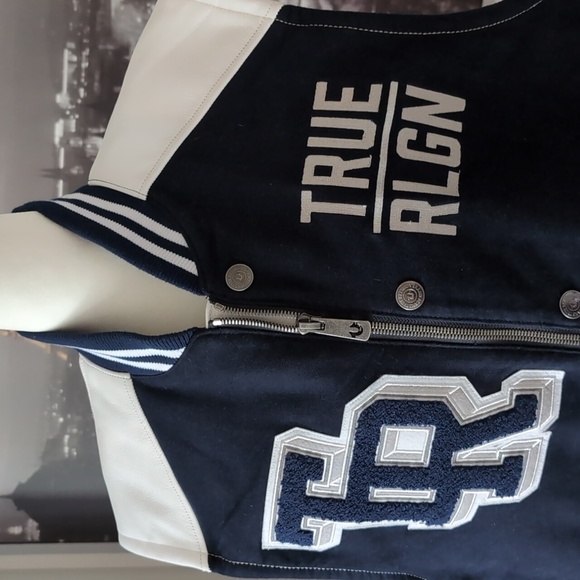 True Religion Black/ White Varsity Bomber Jacket Vest,Size 2XL. - Picture 2 of 16